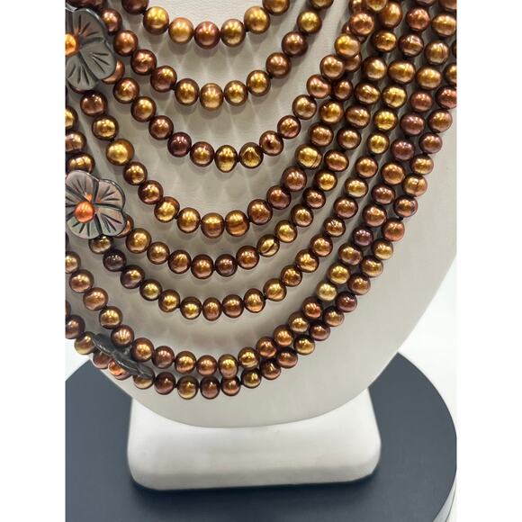 MultiStrand  Chocolate Pearls‎ Brown Copper-colored pearls Pearl Bib necklace - Picture 4 of 14